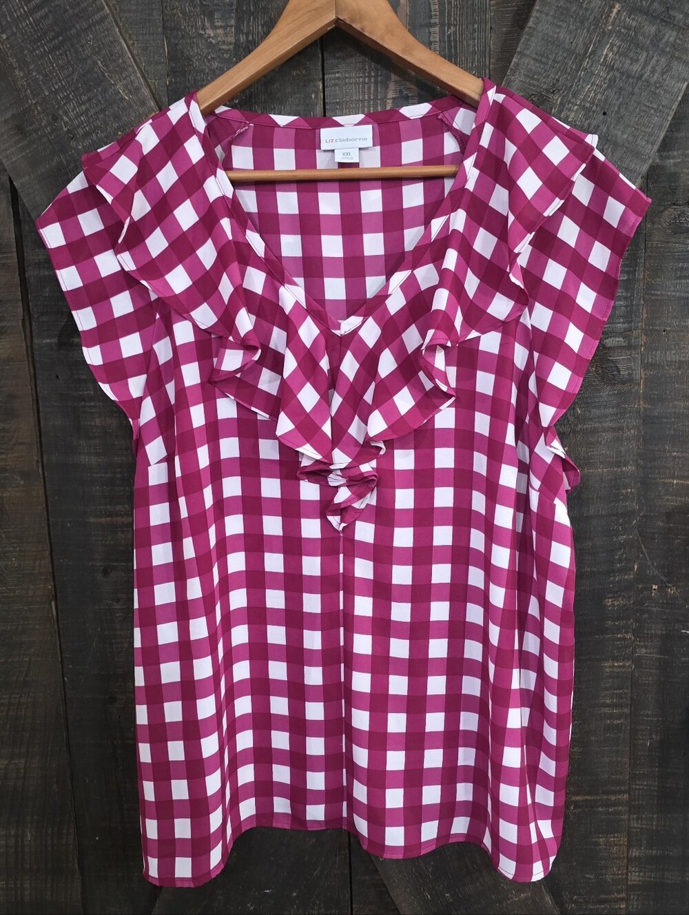 NWT LIZ CLAIBORNE Pink Gingham Ruffle V-Neck Women's Top XXL